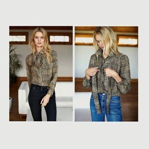 Emerson Fry NEW XL Little Cheetah Blouse Women's Print Long Sleeve Ribbons Sash